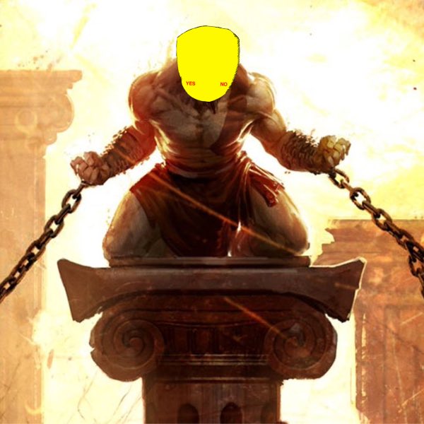 A muscular warrior kneeling on a stone pillar while breaking chains is depicted, with a yellow 'YES NO' decision ballot sticker edited onto his head.