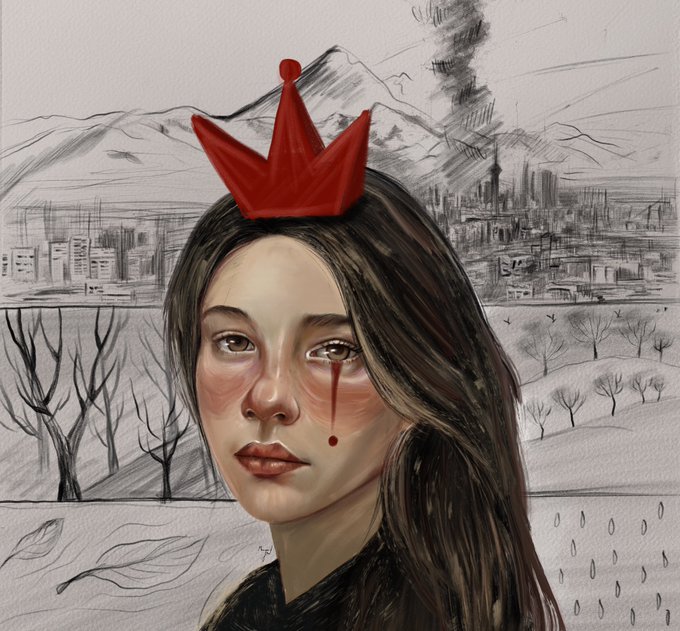 The illustration features a girl with a red crown, set against a backdrop of a city enveloped in smoke, which connects to the accompanying Twitter post about GM's new manifold.xyz account. This suggests that the image might be a creative work associated with the GM (GodMode) community or project on the specified platform, possibly by an artist named Maryam Hasaninia.