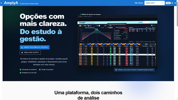 A Portuguese-language website for "AmpllyA" displaying trading options software with the headline "Opções com mais clareza. Do estudo à gestão."