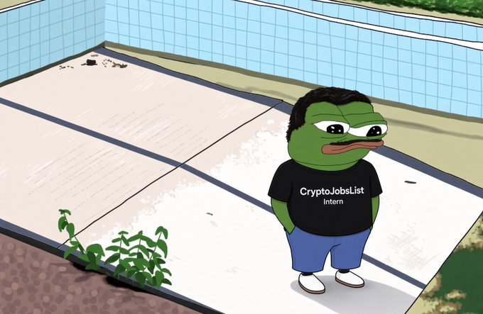 A sad-looking Pepe the Frog stands by an empty swimming pool wearing a black t-shirt that reads "CryptoJobsList Intern." The image humorously illustrates the post's joke about anxiously and repeatedly checking to see if someone has finally applied for a dream job, capturing that eager yet deflated feeling of waiting for a response.