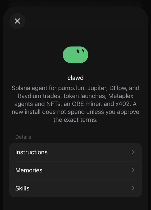 A screenshot of an interface for an AI agent called 'clawd' described as a 'Solana agent for pump.fun, Jupiter, DFlow, and Raydium trades, token launches, Metaplex agents and NFTs, an ORE miner, and x402.'