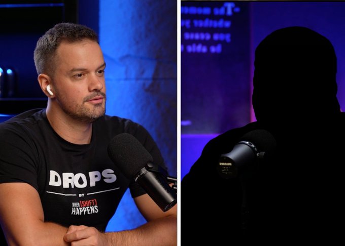 Split image: on the left, a man wearing a black "DROPS BY [SHIFT] HAPPENS" t-shirt sits at a podcast microphone with white earbuds; on the right, a silhouetted figure faces the camera with a microphone in a similarly lit blue-purple studio setting. The setup previews an upcoming DROPS episode interview with the soon-to-be-revealed guest, tied to the post announcing the episode with 0xOmnia of Kinetiq.