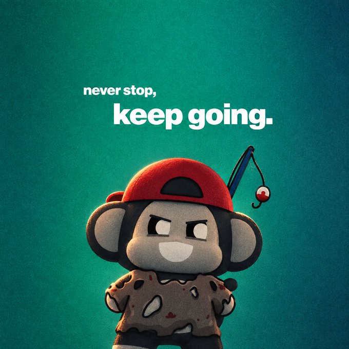 A plush monkey toy wearing a red cap and a spotted garment stands against a teal background beneath the text 'never stop, keep going.'