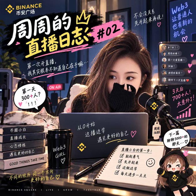 Binance Square promotional graphic for '周周的直播日志 #02' (Zhou Zhou's Livestream Diary Episode 2) featuring a young woman at a livestream setup with a cat and various motivational text bubbles.