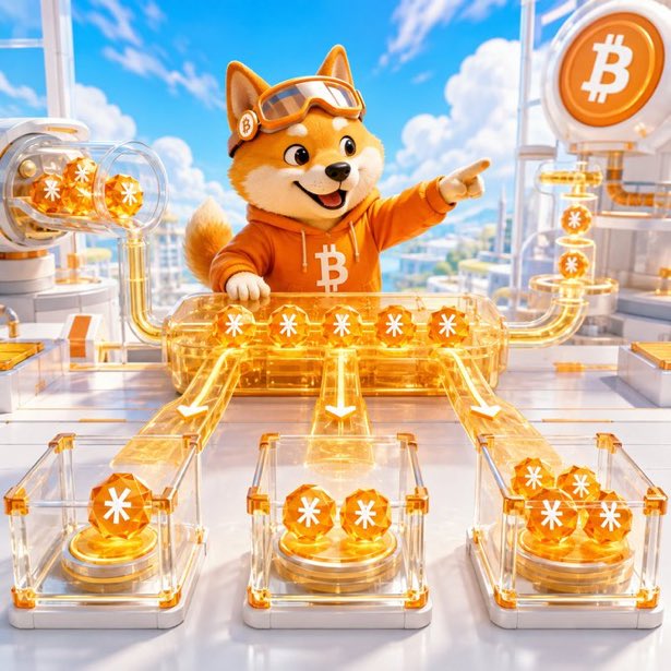 A vibrant 3D digital illustration of a smiling Shiba Inu dog wearing an orange Bitcoin-themed hoodie and goggles, pointing toward a futuristic factory where Bitcoin tokens are being processed and distributed.