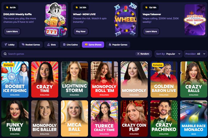 Screenshot of an online gambling site (Roobet) showing promotional banners for '$100,000 Weekly Raffle', 'Wheel - NOW LIVE', and 'Vegas Takeover', along with a grid of game thumbnails like 'Roobet Ice Fishing', 'Crazy Time', 'Lightning Storm', and 'Monopoly'.