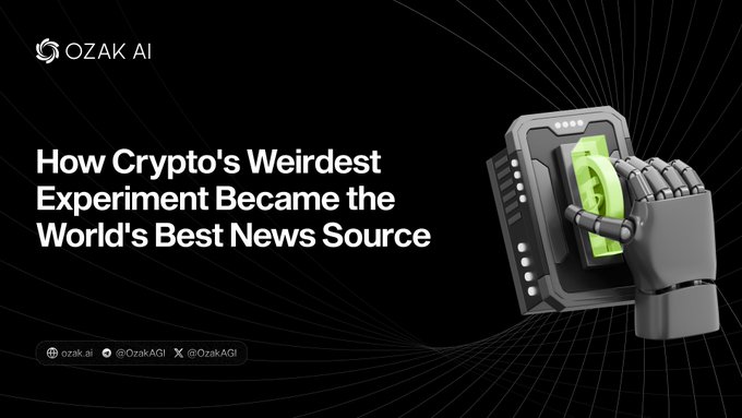 This image features the title "How Crypto's Weirdest Experiment Became the World's Best News Source" with the OZAK AI logo and a graphic of a robotic hand operating a futuristic lever. The post discusses prediction markets and how they've evolved into a reliable source for gauging outcomes.