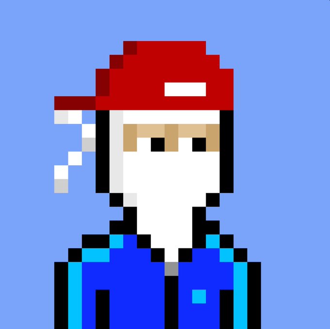 Pixel-art portrait of a character resembling a plumber with a red hat, white beard, and blue overalls against a blue background.