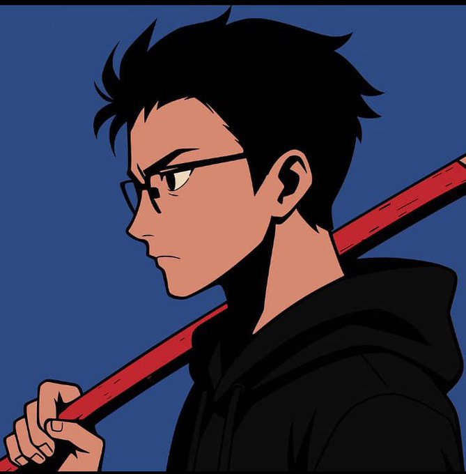 The image features an illustration of a man wearing glasses holding a red stick or sword with both hands. The man appears to be dressed in black clothing, giving him a serious expression as he looks down at his hand. There are no texts present in the image, and the focus is solely on the man's pose and facial expression.