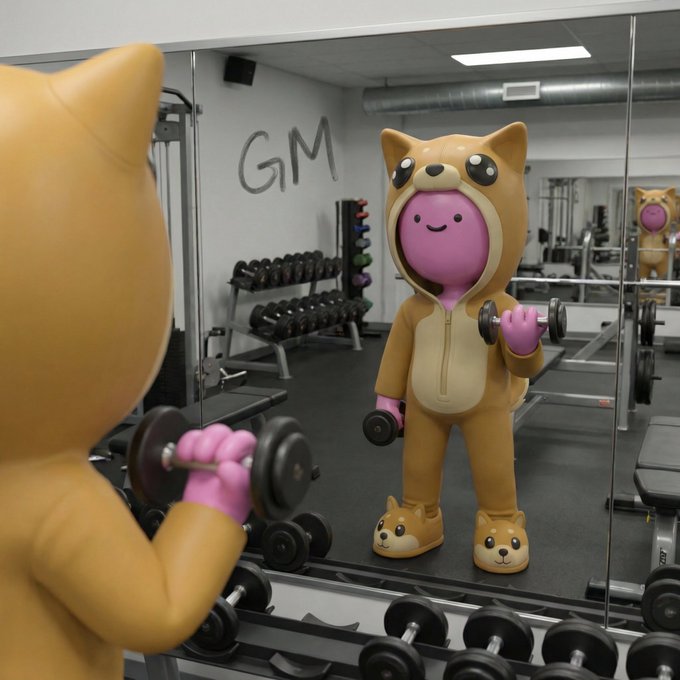 A 3D-rendered character wearing a tan cat hoodie with shiba inu slippers lifts dumbbells in a gym, viewed through a mirror with 'GM' written on the wall.
