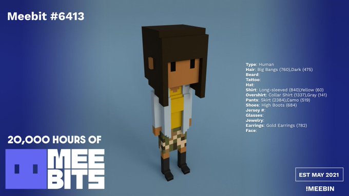 The image showcases Meebit #6413, a voxel-style character with long dark bangs and a tattoo, wearing a yellow long-sleeve shirt under a gray collar shirt, a camo skirt, high boots, and gold earrings, with details noting it's part of the "#20000HOURSOFMEEBITS" project established May 2021 by IMEEBIN.
