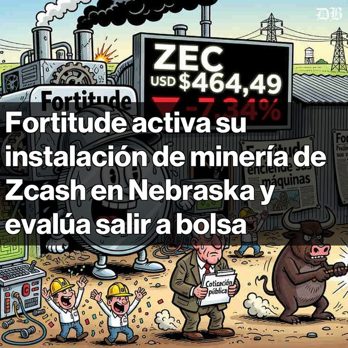A cartoon graphic with a stock ticker showing 'ZEC USD $464,49 -7,34%' and Spanish text reading 'Fortitude activa su instalación de minería de Zcash en Nebraska y evalúa salir a bolsa.'