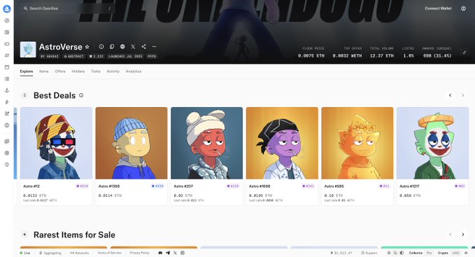 The image shows an OpenSea listing page for the "AstroVerse" NFT collection, featuring a "Best Deals" section with six character cards (numbered #218, #2088, #307, #3038, #505, #537) priced in ETH, along with a "Rarest Items for Sale" header below. The page displays metrics like 1.6% listed, 12.37 ETH volume, and a floor price of 0.0075 ETH, directly visualizing the collection's current low trading activity that the post aims to boost toward the goals of 0% listed and 25 ETH volume.