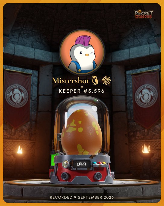 A 'Pocket Dragons' game screenshot showing a character 'Mistershot' labeled 'KEEPER #5,596' above a dinosaur egg in an incubator on '9 SEPTEMBER 2026'.