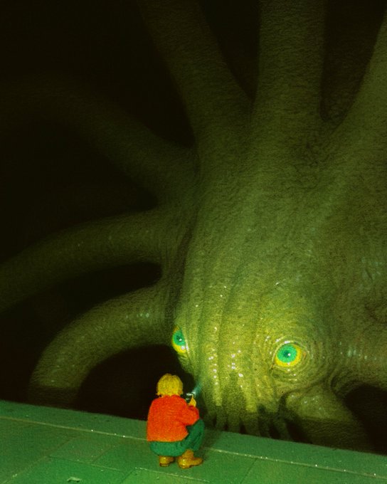 An illustration depicting a small child in a red sweater and green pants standing on a ledge, shining a flashlight upward at a massive, glowing green tentacled creature with large yellow eyes in the darkness.