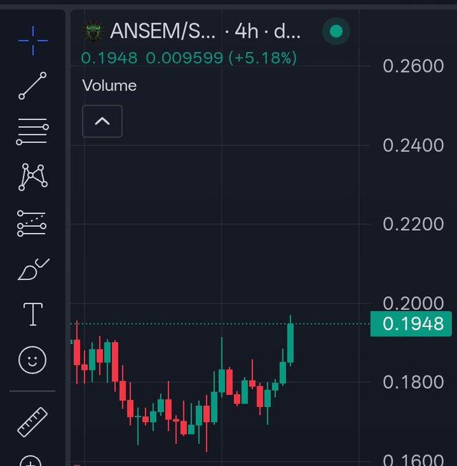 A TradingView chart for the ANSEM/S... token shows a 4-hour daily view with the current price at 0.1948, up 5.18% (0.009599), displaying a bullish U-shaped recovery pattern from around 0.16 to 0.20 — reflecting an optimistic morning for $ANSEM believers.