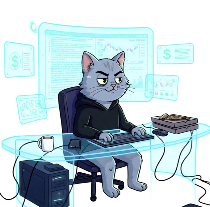 An illustration of a grumpy-looking grey cat wearing a black hoodie, sitting at a desk with a keyboard, surrounded by holographic financial charts and a pizza box on the side.