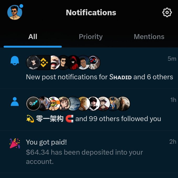 A mobile app notification screen showing 'New post notifications for SHADID and 6 others', multiple new followers including '零一架构', and a payment notification for $64.34.