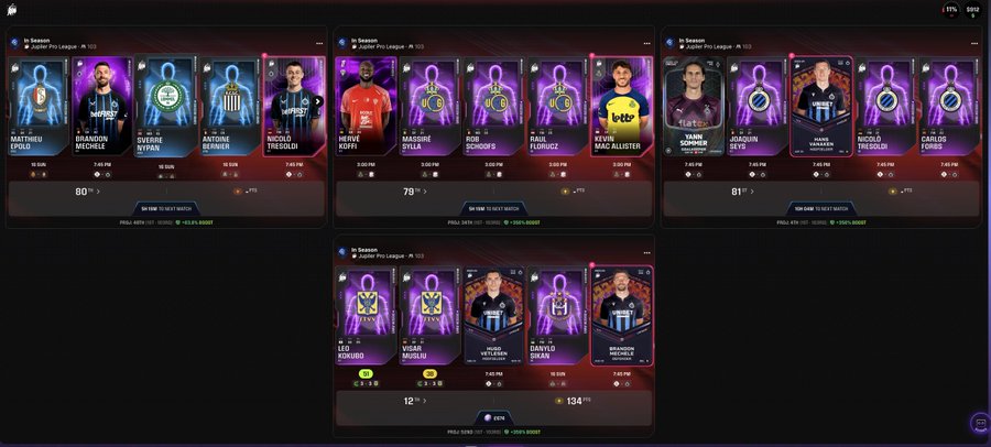 The image shows four Sorare "In Season" lineups from the Jupiter Pro League, featuring player cards with names like Mathieu Louis, Brandon Mechele, Ewery Sylla, and Devyne Rensch at ratings of 80, 79, and 81, alongside a partially filled 12-rated lineup. The post notes these are weekend lineups with 2/4 Portugal players already hidden, which corresponds to the empty card slots visible in the bottom lineup.