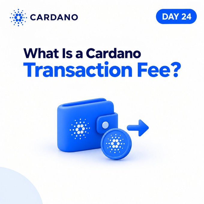 A Cardano promotional graphic titled 'What Is a Cardano Transaction Fee?' featuring a 3D blue wallet and coin illustration, marked as 'DAY 24'.