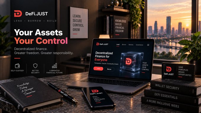 A promotional graphic for DeFi.JUST featuring the tagline 'Your Assets Your Control' and 'Decentralized Finance. Greater freedom. Greater responsibility,' showing a laptop, phone, notebook, and branded merchandise on a desk overlooking a city skyline.