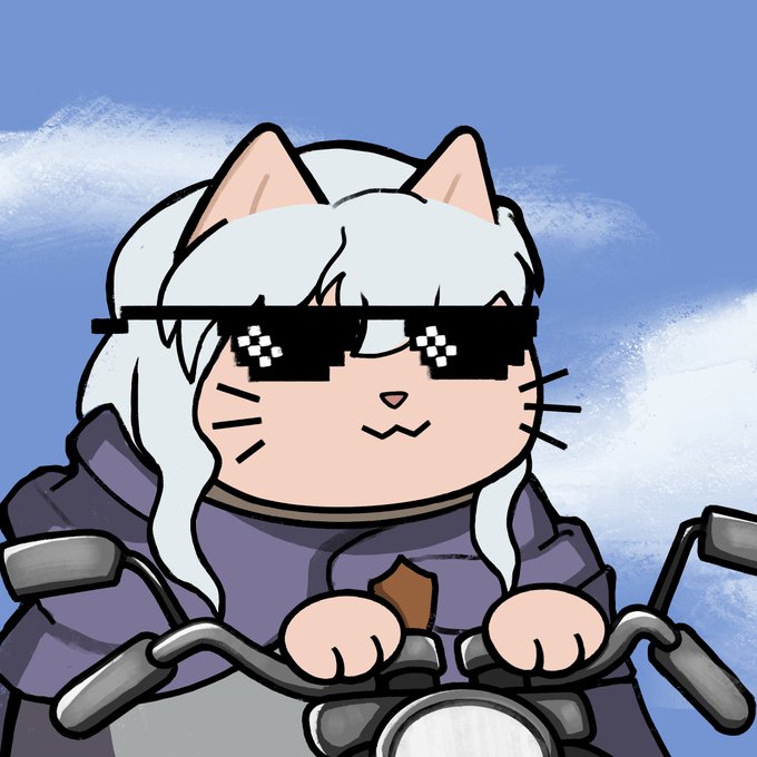 An anime-style cartoon illustration of a white-haired cat girl wearing pixelated deal-with-it sunglasses and a purple cloak while riding a motorcycle.