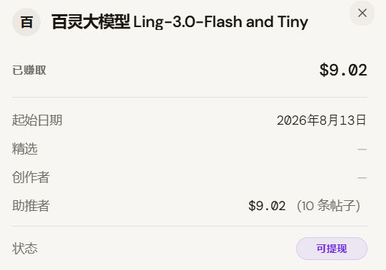 The image displays an earnings summary from a creator platform showing "百灵大模型Ling-3.0-Flash and Tiny" with $9.02 total earnings from 10 promoted posts at $0.9 per post, supporting the post's claim about TUTTI's high task unit price where boosting 10 posts earned $9 (0.9U each).