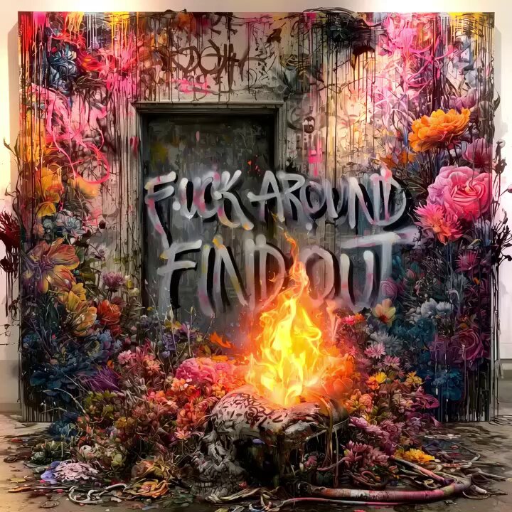 The image features a large, colorful mural with graffiti on a wall that says "FUCK AROUND FIND OUT." The mural includes flowers and plants, adding to its vibrant appearance. In front of the mural, there's an open door or window, which is covered in graffiti as well. A fire can be seen burning brightly behind the mural, creating a striking contrast between the colorful artwork and the flames.