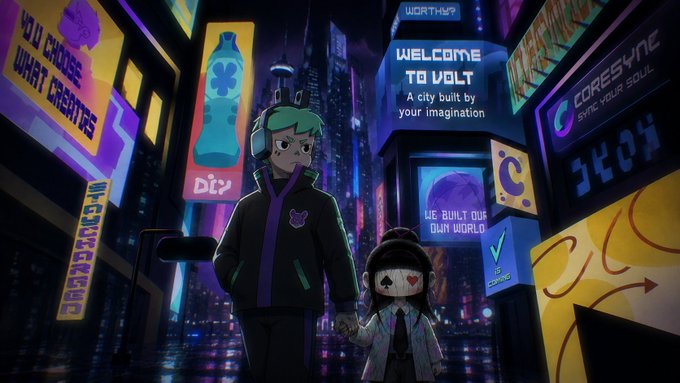 Digital artwork depicts two stylized characters in a neon-lit cyberpunk city street filled with colorful signs, with central text reading "WELCOME TO VOLT - A city built by your imagination."