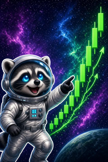 A cartoon raccoon dressed as an astronaut points excitedly at a rising green candlestick chart set against a vibrant cosmic background with purple and green nebulae.