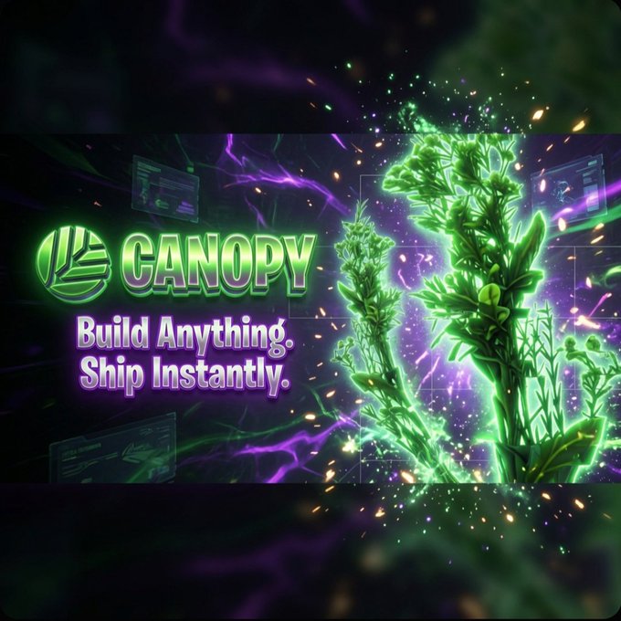 A vibrant promotional graphic features the logo 'CANOPY' with the tagline 'Build Anything. Ship Instantly.' alongside glowing green plant imagery against a dark purple background.