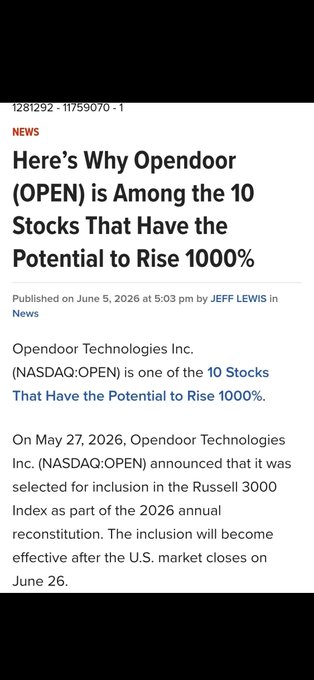 The text in the image focuses mainly on an article discussing the benefits of Opendoor Technologies, Inc. This company has a stock with a potential return of more than $1,000 per share. The title of the post states "Here's Why Opendoor is among the 10 Stocks that have the Potential to Rise 1000%".