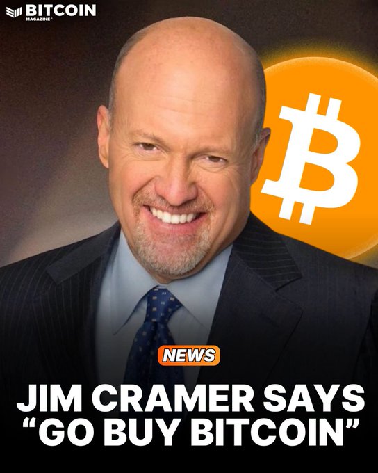 A Bitcoin Magazine news graphic featuring Jim Cramer smiling, with a Bitcoin logo and the headline 'JIM CRAMER SAYS "GO BUY BITCOIN"' displayed prominently.