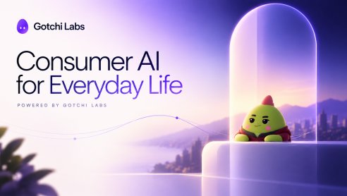 A promotional banner for Gotchi Labs featuring the text 'Consumer AI for Everyday Life' alongside a small green character inside a glass dome.