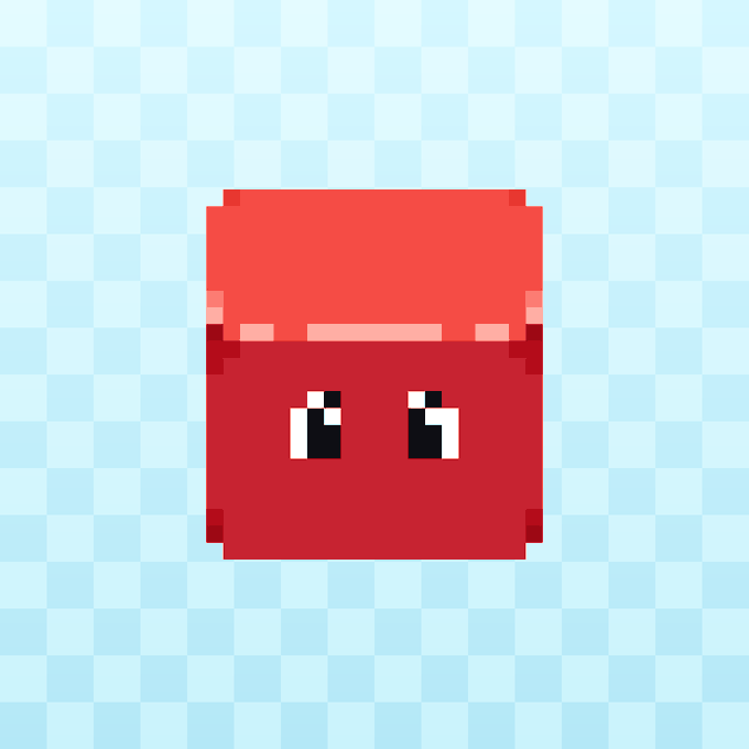A pixel art red creature with large black eyes on a light blue checkered background.