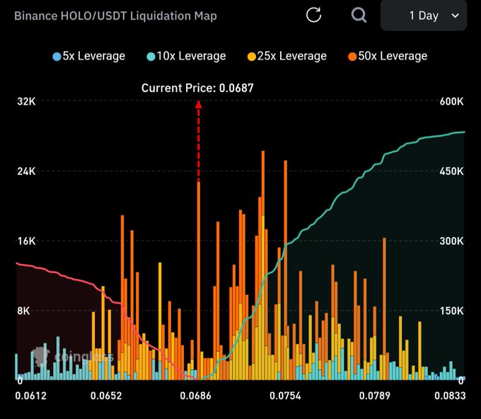 The Binance HOLO/USDT 1-Day Liquidation Map shows the current price at 0.0687, with heavy liquidation clusters concentrated above between approximately $0.069 and $0.075—largely from 50x and 25x leveraged positions—which visually supports the post's thesis that upside liquidity increases the probability of a short-term bounce toward the $0.075–$0.08 range.