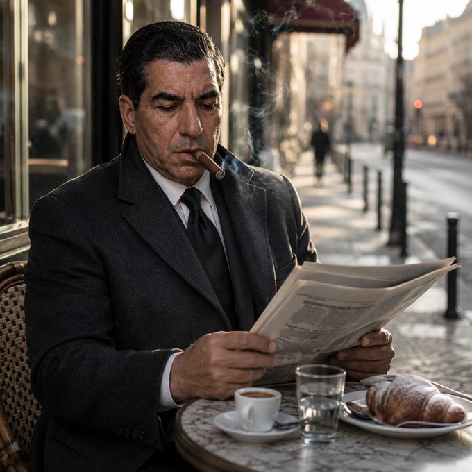 A well-dressed man in a dark overcoat reads a newspaper while smoking a cigar and enjoying coffee and a croissant at a Parisian café. The scene evokes a classic, contemplative European morning—a fitting visual metaphor for the post's discussion of carefully observing market trends, as the man appears to be studying the numbers like an investor scrutinizing the rise of tokenized real-world assets from $6B to $38B.