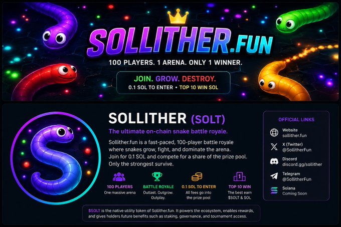 Promotional graphic for Sollither.fun, a Solana-based on-chain snake battle royale featuring 100 players competing for a SOL prize pool with a 0.1 SOL entry fee.