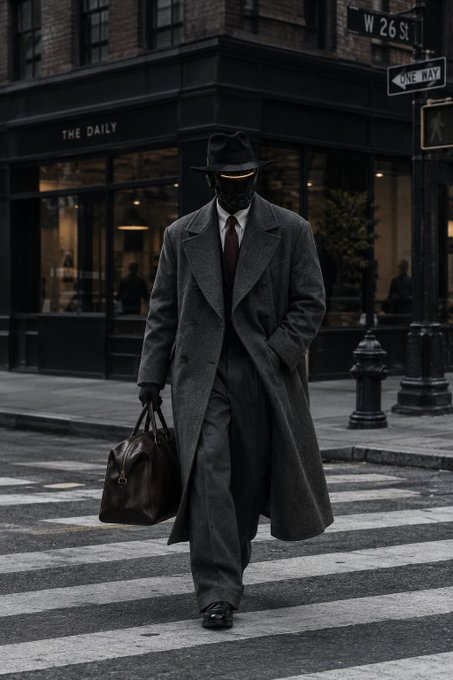 A mysterious figure in a long gray overcoat, fedora, dark sunglasses, and face mask walks across a crosswalk in a moody urban setting, with 'THE DAILY' storefront and 'W 26 ST' / 'ONE WAY' signs visible.