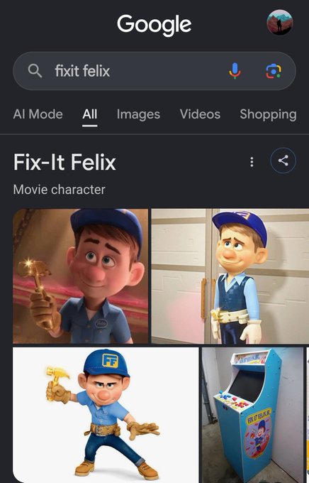 A Google search results page on mobile displaying images for 'fixit felix', labeled as a 'Movie character', showing various depictions of the cartoon repairman in his blue uniform and cap.