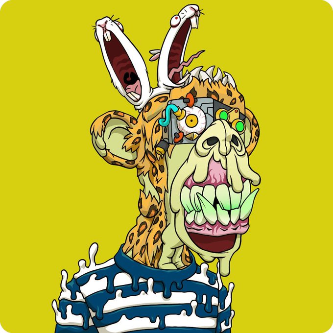 The image features a cartoon character with a face painted on its head that looks like an animal or monster. The character has two large bunny ears sticking out of its head, giving it a unique appearance. The character also has a mouth filled with teeth, adding to its menacing look. The background is yellow, which contrasts with the blue and white striped shirt worn by the character. The caption below the image reads "GM everyone New week, new opportunities. Happy Mutant Monday!".