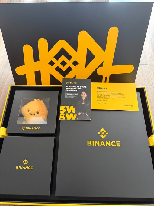 A Binance 9th Anniversary "Built By You" merchandise box is displayed open, revealing a plush mascot figure, a "Global SWAG Ambassador Campaign" card featuring a brand representative, a "Hello Binancean" welcome card, and branded packaging all in Binance's signature black and yellow color scheme. The contents perfectly showcase the "exquisite" anniversary swag referenced in the tweet.