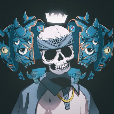 An illustration of a skull with a cracked helmet, flanked by two blue demon heads, wearing a gold chain against a dark background.