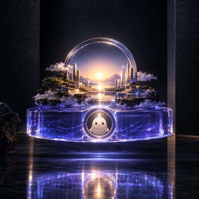 A glowing futuristic diorama features a circular portal displaying a sunset-lit futuristic cityscape surrounded by floating islands and clouds, with a small white bird-like mascot peering through a porthole at the base, visually echoing the Sleepagotchi concept of sleep as a dreamy, otherworldly foundation supporting waking reality.