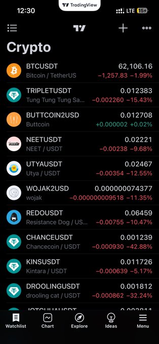 TradingView mobile app showing a crypto watchlist with BTCUSDT at 62,106.16 (-1.99%) and meme tokens including TRIPLEUSDT, BUTTCOIN2USD, NEETUSDT, UTYAUSDT, WOJAK2USD, REDOUSDT, CHANCEUSDT, KINSUSDT, and DROOLINGUSDT, most showing significant losses.