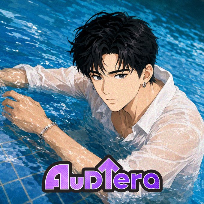 An anime-style illustration of a young man with black hair in a wet white shirt in a pool, with the stylized text 'AudTera' overlaid.
