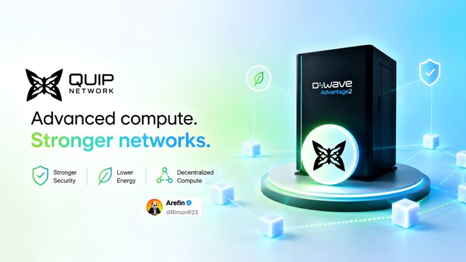 A promotional graphic for QUIP Network highlighting "Advanced compute. Stronger networks." with logos for D-Wave Advantage2, alongside feature icons for stronger security, lower energy, and decentralized compute, visually reinforcing the post's message about quantum hardware enhancing decentralized consensus beyond traditional computing.
