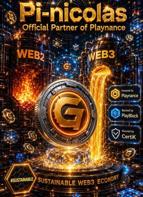 A promotional graphic for "Pi-nicolas" titled "Official Partner of Playnance" shows molten metal pouring between "WEB2" and "WEB3" industrial structures into a large gold "G" coin, highlighting features "Powered by Playnance," "Backed by PlayBlock," and "Secured by CertiK" with the tagline "SUSTAINABLE WEB3 ECONOMY." The fiery, industrial imagery visually reinforces the post's message about Gcoin's explosive growth and Playnance driving mass adoption of next-gen Web3 iGaming.