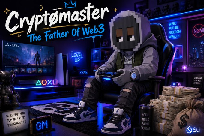 A promotional graphic featuring a pixelated character in a gaming chair surrounded by PlayStation, money, and Web3 elements with the text 'Cryptomaster The Father Of Web3' and 'Sui' logo.