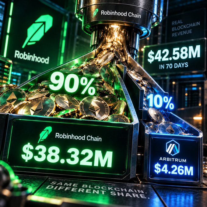 A promotional graphic comparing blockchain revenue, showing 'Robinhood Chain' at '$38.32M' (90%) versus 'Arbitrum' at '$4.26M' (10%), with '$42.58M IN 70 DAYS' and 'SAME BLOCKCHAIN. DIFFERENT SHARE.' text.